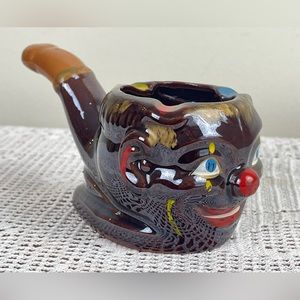 Vintage Brown Ceramic glazed Clown Face Head Pipe Shaped Ashtray || JAPAN